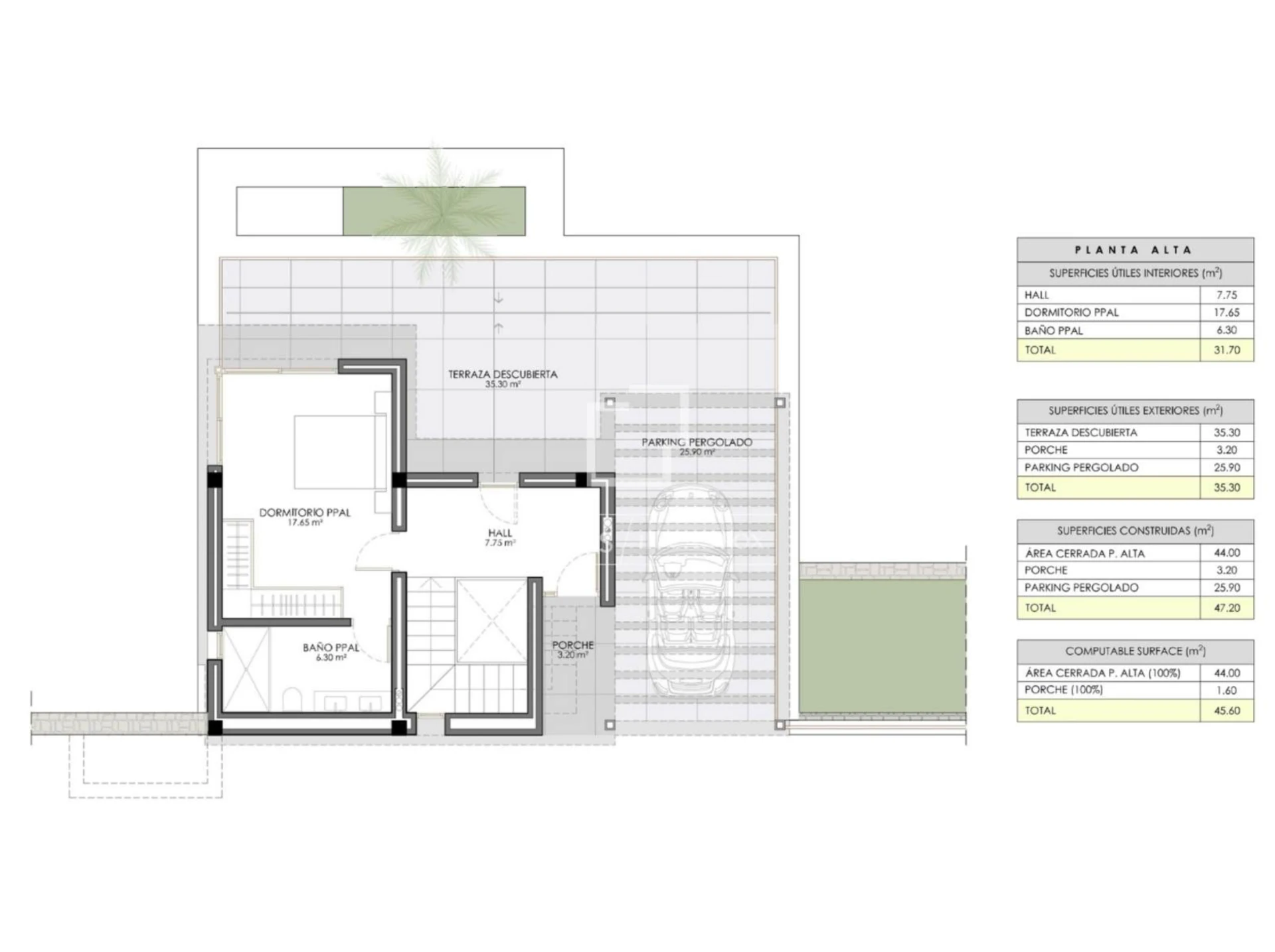 Villa upper floor plan with main bedroom, en-suite bathroom, hall and terraces