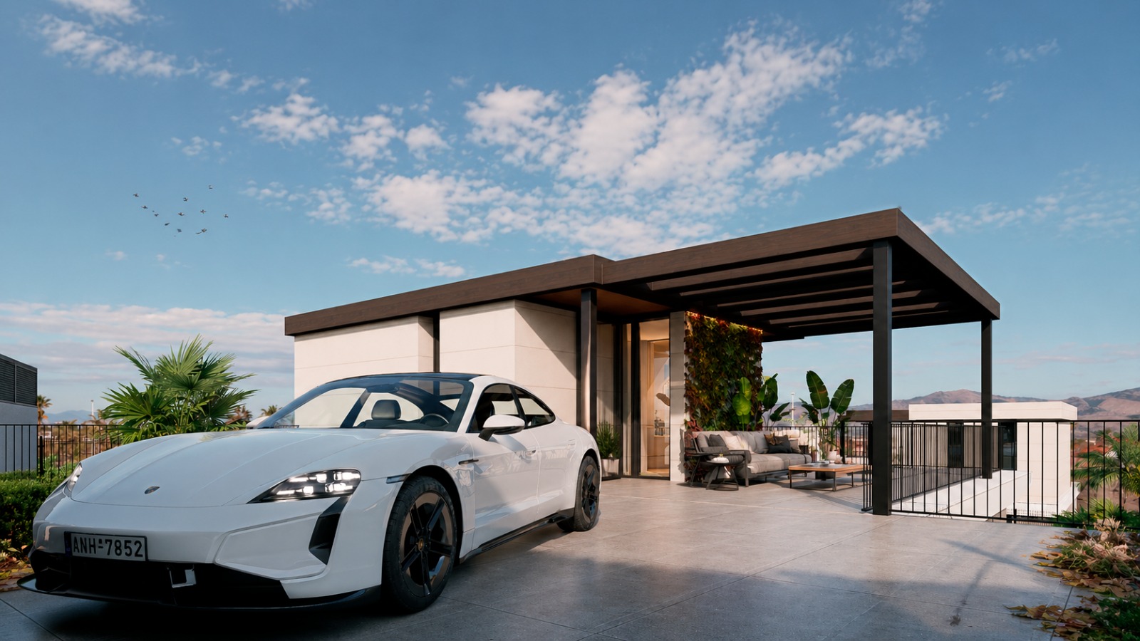 Covered carport with a white sports car, pergola terrace and mountain views